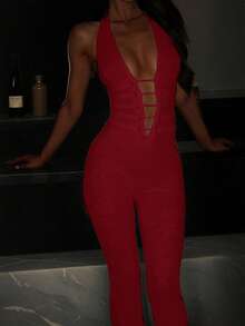女士性感蕾丝深V领露背吊带连体裤，女士Y2K风格修身PU皮革装饰系带阔腿连体裤，紧身连体裤夜店街头风，适合各种场合 #派对之夜 #露背装扮 #音乐节 #派对造型 #约会之夜 #婚礼季 #圣诞派对 #返校季 #春假 - 酒紅色 - 查看 7