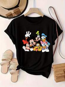Disney, Mickey And Friends, Mickey Mouse, Minnie Mouse, Donald Duck, Goofy, Pluto, Graphic Tee, Black T-Shirt, Crew Neck, Women's Top, Loose Fit, Casual Wear, Spring Summer, Disney Characters - Noir - Voir 1