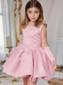 2 件套女童优雅方领荷叶边下摆吊带连衣裙，带袖口，适合庆典、派对、生日、万圣节、圣诞节、秋冬 - 粉色 - 查看 4