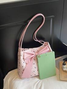 Tas Bahu Wanita Ringan Modis Kapasitas Besar dari Kulit PU Warna Polos dengan Hiasan Pita, Tas Tangan Wanita Elegan, Tas Warna Pink - Berwarna merah muda - View 8