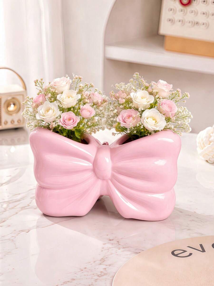 1pc Pink/White Bow Vase, Decorative Vase, Tabletop Centerpiece, Home/Living Room Decor - Multicolor - View 1