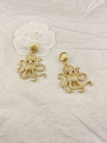 Women's Exaggerated Octopus & Shell Design Gold Bohemian Style Ocean Theme Party Earrings - Octopus - View 7