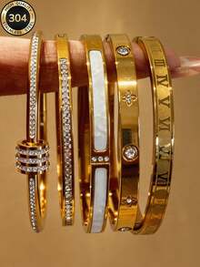 5pcs/Set Personalized Multi-Color Stainless Steel Bracelet & Bangle Set, Unique Design, Fashionable, Multi-Element, Exquisite Ideal Gift, Non-Fading Jewelry, - Golden 8 - View 10