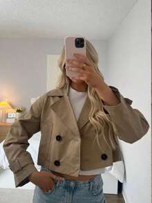 女士短款卡其色夹克，冬季外套，街头风外出上衣，秋季穿搭，双排扣优雅翻领时尚短款风衣，新款办公室优雅女士纯色外套，春季必备 - 卡其色 - 查看 1