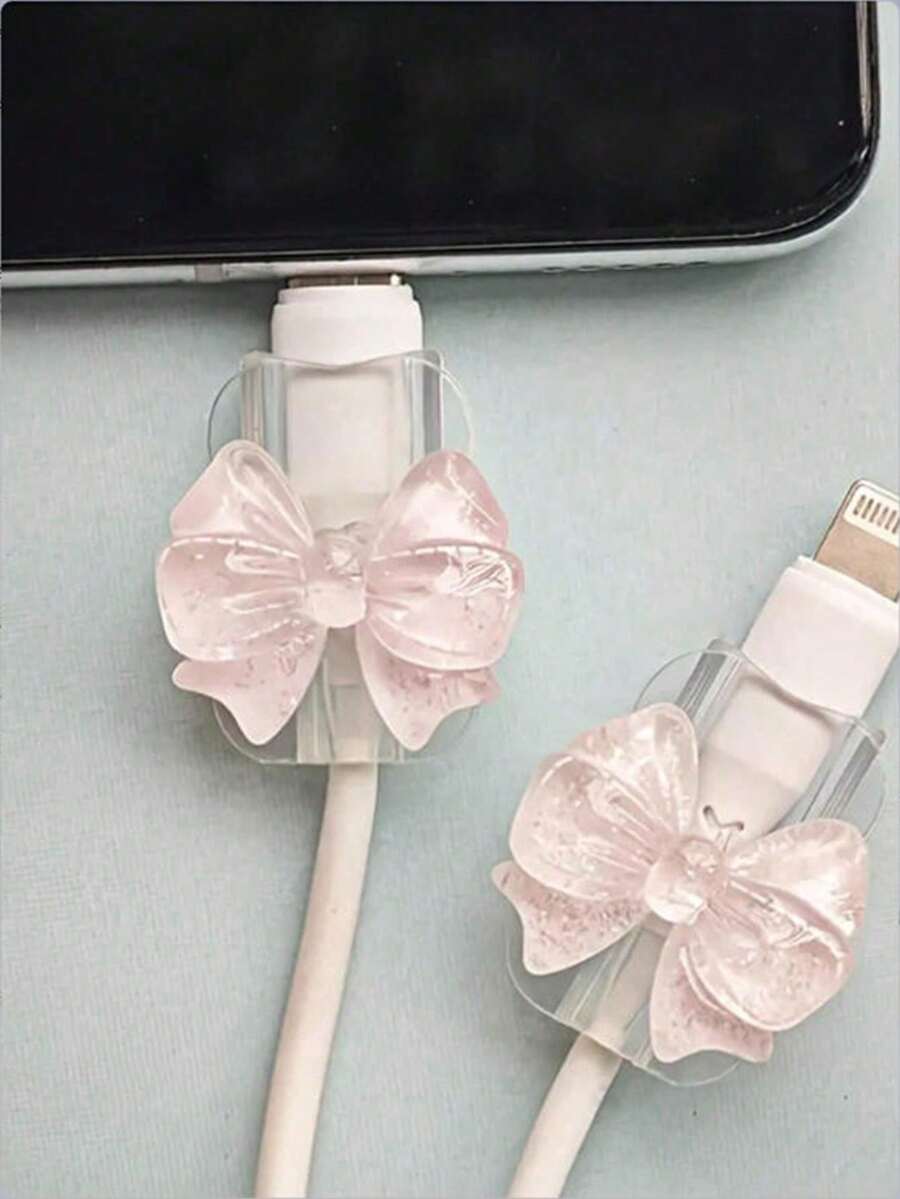 Transparent Bow-Knot Universal Lightning (5-14) Type-C Cable Protector - Durable, Resistant To Breakage, Fashionable Phone Accessory Design - Plastic Cable Protector With Cute Bow-Knot Decoration, Charging Cable Protector - Multicolor - View 1