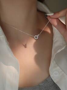 S925 Sterling Silver Double-Layer Ring Necklace, Gold-Plated Zirconia Inlaid, Minimalist Delicate Choker Necklace, Versatile For Daily Wear And Parties, Birthday/Christmas Gift Box - Silver - View 7