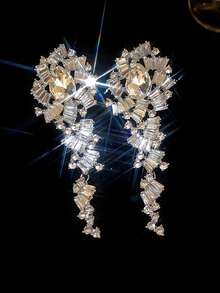 1 Pair Luxury Fully Rhinestone Long Tassel Earrings, Exaggerated Elegant Earrings For Birthday, Evening Party, Wedding - Silver - View 2