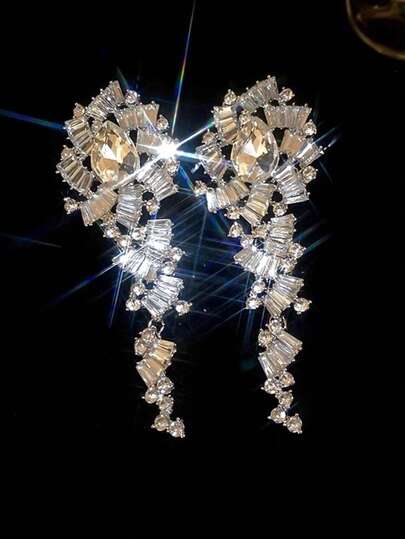 1 Pair Luxury Fully Rhinestone Long Tassel Earrings, Exaggerated Elegant Earrings For Birthday, Evening Party, Wedding
