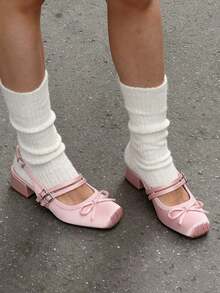 Women's Ballet Heels Elegant Square Toe Bow Satin Mary Janes Ballerina Chunky Heel Party Buckle Strap Sweet Cute Wedding Shoes For Women Valentine's Day Gift - Hồng - Xem 2