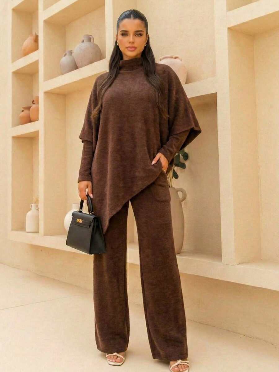Women's Three-Piece Set: Long-Sleeved Blouse + High-Waisted Pants And Asymmetrical Hem Poncho - Autumn/Winter/Cold Weather - Rust Brown - View 1