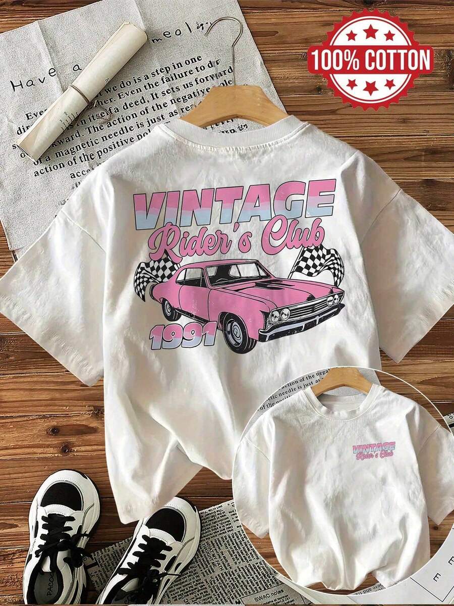 [Double-Sided Print] Vintage-Style Summer Women's Casual Top With Racing Flag Vintage Rider Club Print, Short Sleeve, Crew Neck, Pure Cotton T-Shirt [Ling] - Putih - View 1
