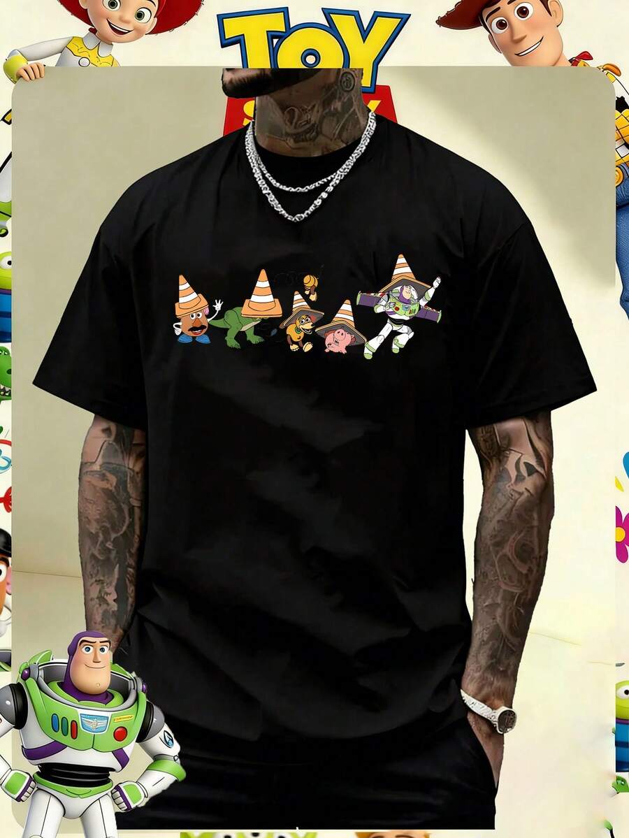 Disney Official Licensed Toy Story Traffic Cone Funny Graphic Print 220g Cotton Crew Neck Unisex Tee - 黑色 - 查看 1