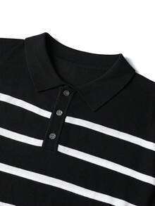 1pc Men's Polo Collar Contrast Stripe Short Sleeve Knit Sweater, Spring/Summer New Arrival Knitted Top - Black - View 3