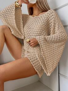 Sylvia Women's Summer Hollow-Out Semi-Sheer Flare Sleeve Boat Neck Loose Breathable Knit Fabric Knit Top And Shorts Two Pieces Set, Relaxed Sexy Vibe, Casual Commute, Minimalist Beach Holiday Outfit - Khaki - View 5