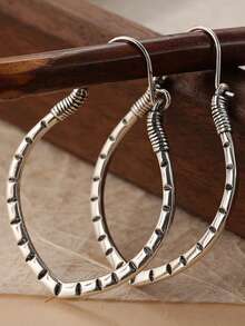 1 Pair Classic Minimalist Carved Oval Pendant Earrings, Handmade Copper Jewelry For Women, Suitable For Travel And Vacation, An Ideal Gift For Women - Silver - View 7