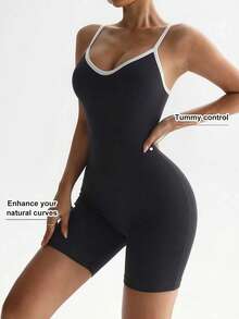 女士无缝塑身连体衣：收腹提臀，内置不可拆卸衬垫胸罩，露背设计，交叉后背带 - 黑色 - 查看 4
