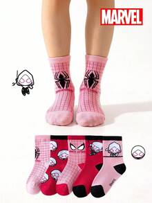 5 Pairs Marvel Superhero Socks, Spider-Man & Gwen Stacy Cartoon Mid-Calf Socks For Kids, Spring/Summer - Multicolor - View 4