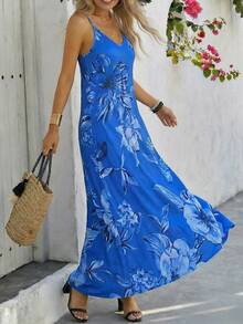 Đầm maxi in hoa màu xanh hải quân, cổ chữ V, hở lưng, dáng rộng, kiểu dáng thanh lịch, tôn dáng, mang đến vẻ đẹp hoàn hảo cho kỳ nghỉ hè 2026. - màu xanh biển - Xem 2
