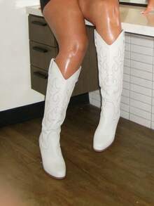 Cowboy Boots For Women Pointed Toe Embroidered Knee High Cowgirl Boots Pull On Zipper Chunky Heel Mid Calf Western Boots Autumn Winter Outfit Boots Fall Shoes - 白色 - 查看 3