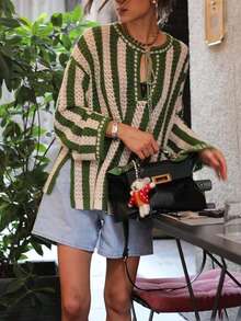 女士条纹针织衫，时尚优雅前系带下摆开衩设计长袖宽松针织衫，适合春夏外出和度假穿着 - 彩色 - 查看 8