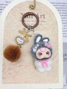 1pc New Flocked Ombre Asymmetric Ear Keychain, Fashionable Cute Cartoon Accessory, Bag Charm Keyring - Multicolor - View 6