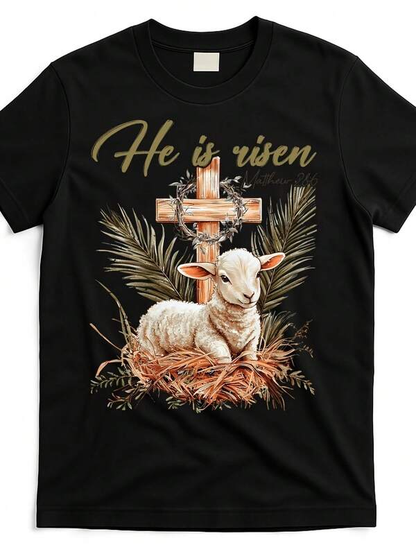 Women's Round Neck Fitted-Shirt He Is Risen  Religious Easter Day Christian Shirt Hir4529557 At Black Product ImageSame Style Men And Women Summer Short-Sleeved Printed-Shirt 220G-Suitable Daily Wear, Vacation, Party
