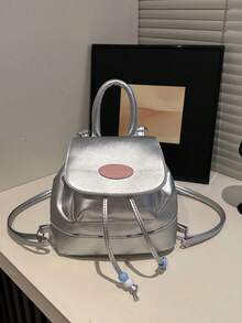 1 件女孩复古双色 PU 皮革背包，风格简约百搭，适合日常使用 - 銀色 - 查看 5