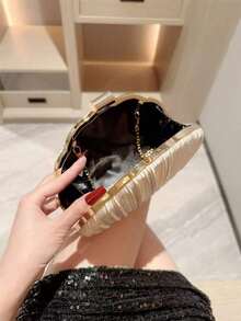 OpulAura Women's Elegant/Luxury Pleated Satin Box-Shaped Clutch Bag, Romantic Wedding Purse, Charming/Refined Evening Dress Bag, Minimalist White Box Handbag With Detachable Chain, Suitable As Holiday Gift, Clutch Bag For Wedding - 杏色 - 查看 6