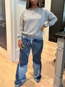 GLOURI Women's Patchwork  Jeans - High Waist With Multi-Wash Panels & Frayed Hem | Relaxed Retro Fit For Street Style, Music Festivals, Weekend Errands & Casual Hangouts (Distressed & Statement-Making) For  Everyday Looks - 藍色 - 查看 3