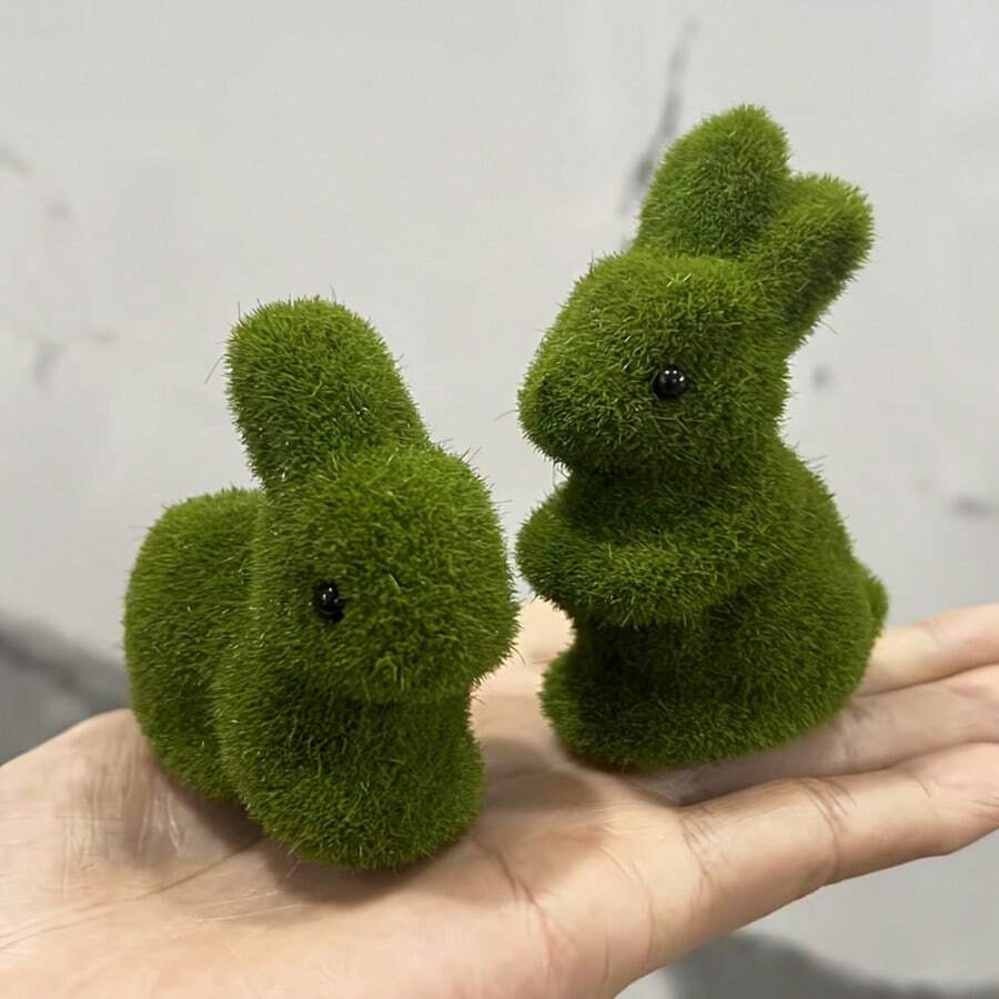 2pcs/1 pieza Escultura de Conejo de Musgo de Peluche Verde, Decoración de Jardín Exterior, Decoración de Pascua y Primavera, Conejo de Plástico Universal para Todo el Año - Conejo mentiroso - Ver 1