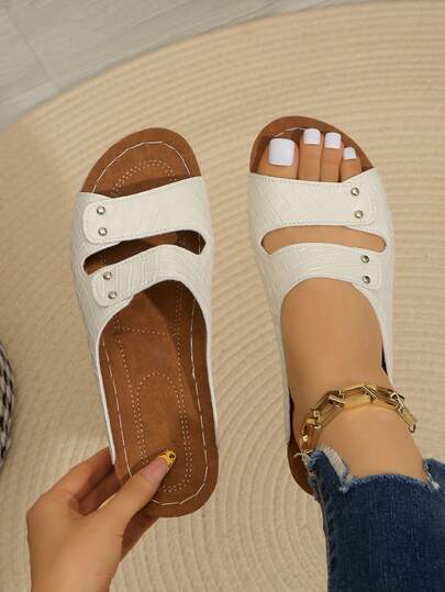 Summer New Fresh Style Open Toe One-Strap Sandals For Girls, Woven Pattern Wedge Mule Shoes, Beige Non-Slip Durable Soft Breathable Comfortable, Essential For Daily Wear, Indoor, Outdoor, Beach, Travel, Lightweight Easy Slip-On Casual Wedge Platform Sandals Suitable For Teenagers