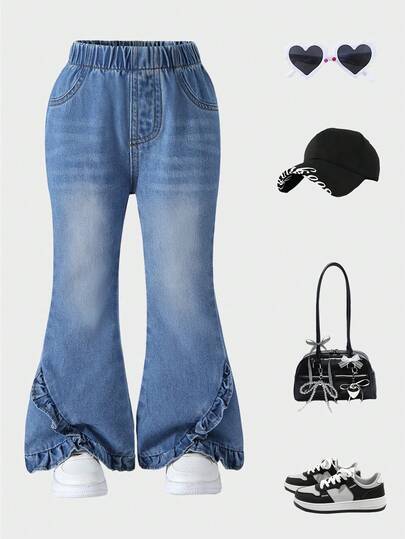 Flickors casual söta gatustil med volangdekor och elastisk midja, utsvängda jeans, lämpliga för vår, sommar, höst