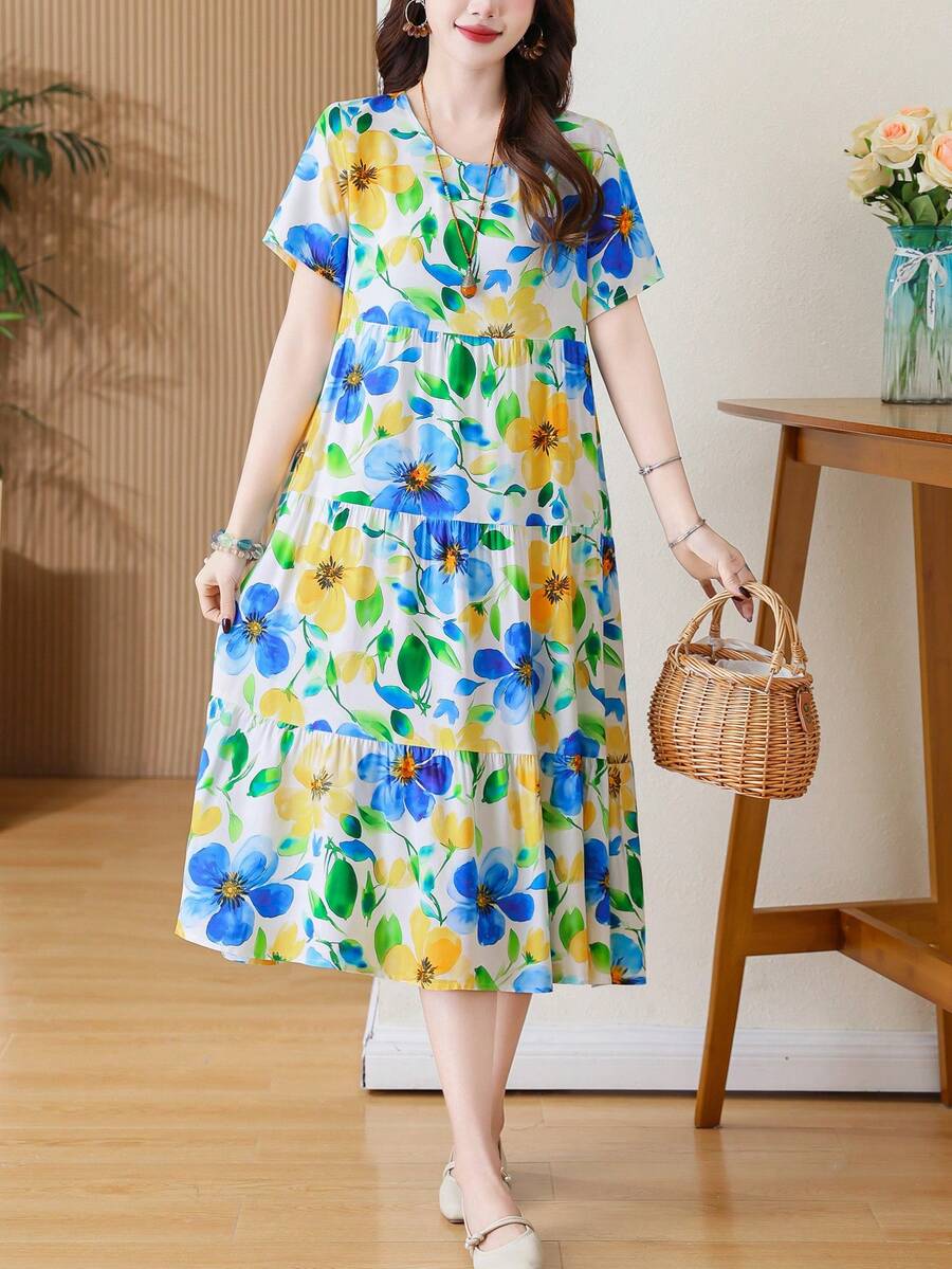 FANMUER Đầm midi in họa tiết phong cách boho dáng rộng thoải mái mới về cho nữ, thích hợp cho mùa hè. - Màu xanh lam - Xem 1