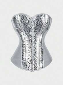 Corsets For Women Plus Size Faux Leather Steampunk Corset Top Zipper Bustier  Silver Corset - 銀色 - 查看 3