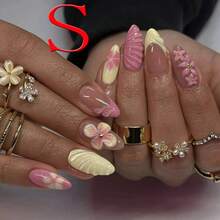 10PCS Almond Nail, Medium Length 3D Fake Nail Design, French Pointed Nail, Acrylic, Acrylic, Fully Covered Nail - 黃色 - 查看 10