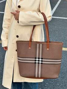 2026 New Large Capacity Tote Bag, Casual Versatile Shoulder Bag, Woven Striped Shopping Bag, Women Commuter Handbag - Brown - View 2