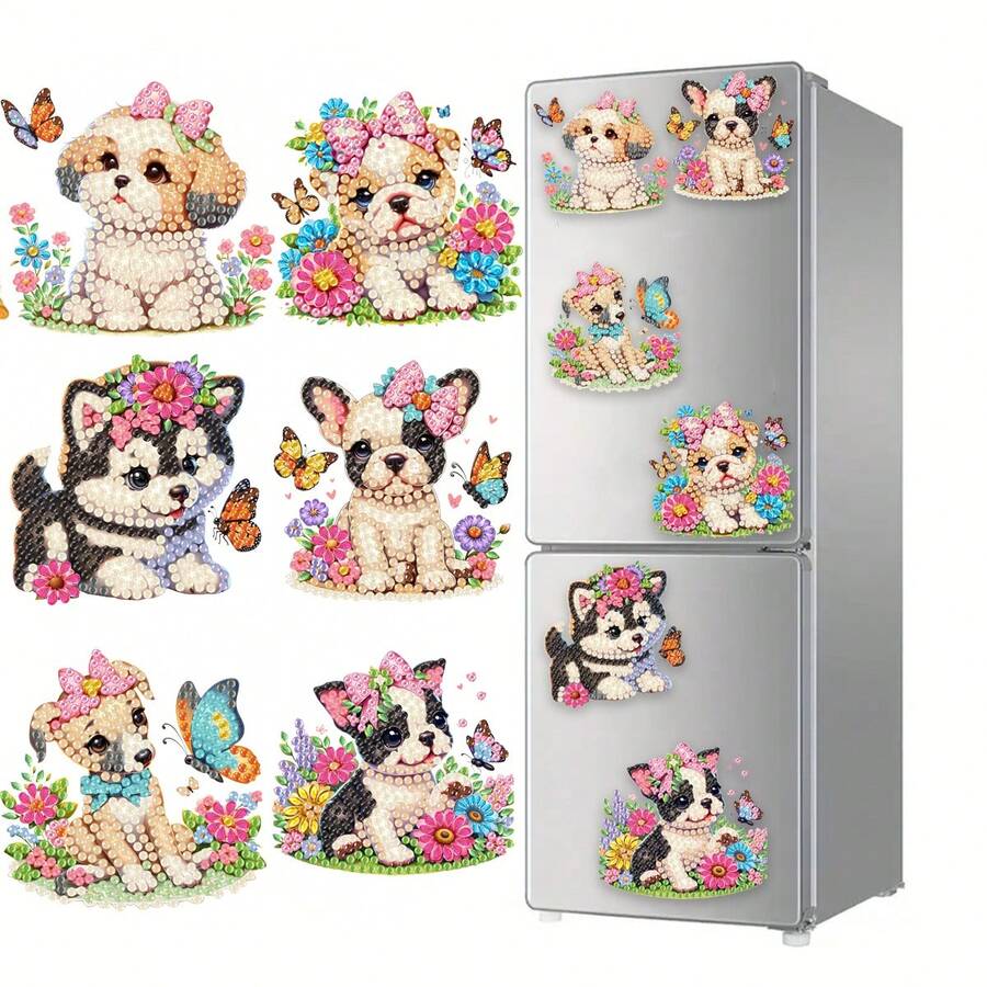 6pcs Diamond Art Fridge Magnets, Spring Butterfly & Puppy Diamond Painting Decor, DIY Diamond Painting Magnet Kit For Crafts, Gifts, Fridge, Mailbox Decoration - View 1