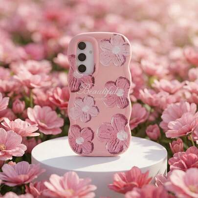 1 pieza Funda de teléfono con girasol rosa y blanco, diseño de flores azules y mariposas de dibujos animados, estilo ondulado de color crema a prueba de golpes, apta para Samsung/POCO/Apple/XR/11/14/15/16/Transsion/Honor/90LITE