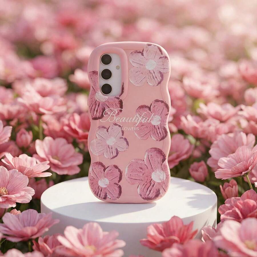 1pc Pink & White Sunflower, Cute Cartoon Blue Floral & Butterfly Painted Phone Case, Macaron Color Full Body Shockproof Wavy Cream Style, Compatible With Samsung/POCO/Apple/XR/11/14/15/16/Transsion/Honor/90LITE