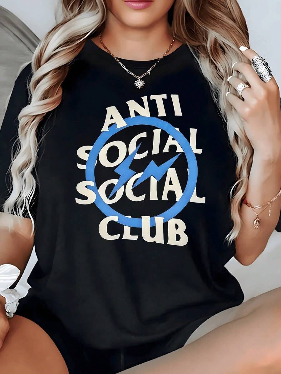 Anti Social Club Printed T Shirts Graphic Tee Casual Short Sleeved Tee Streetwear Graphic T Shirt 100% Cotton Spring And Summer Women'S Y2k Tops, Relaxed Fit, Lightweight, Daily Wear - 黑色 - 查看 1
