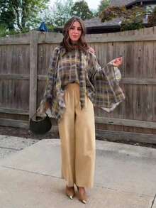 女士复古时尚系带圆领宽松撞色格纹蝴蝶袖雪纺衬衫，优雅复古超大款春季上衣 - 彩色 - 查看 8