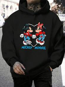 Disney Men's Casual Hoodie, Mickey & Minnie Heart Hand-Holding Print, Sweet Couple Design, Relaxed Fit, Perfect For Romantic Style & Couple Outfits - 黑色 - 查看 1