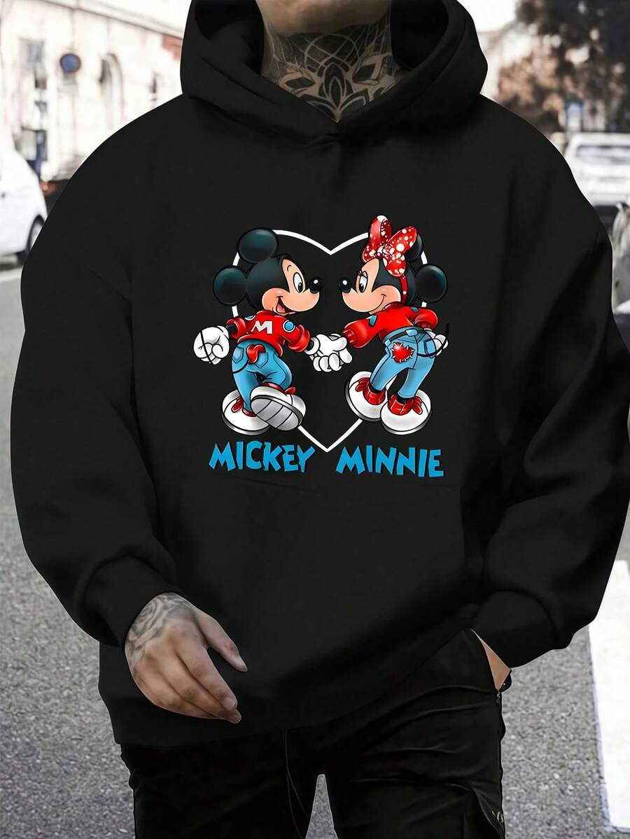 Disney Men's Casual Hoodie, Mickey & Minnie Heart Hand-Holding Print, Sweet Couple Design, Relaxed Fit, Perfect For Romantic Style & Couple Outfits - 黑色 - 查看 1
