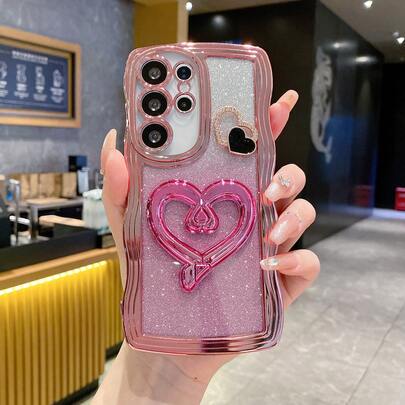 (Love Stand) 3D Love Foldable Stand + DIY Rhinestone Drip Oil Small Heart / Electroplated Glitter Wavy / Four-Corner Air Cushion Anti-Fall / Transparent / Phone Case Suitable For Apple 11/12/13/14/15/16 PM Series, S25/S24/S23/S22 Series/A Series, Moto, Etc.