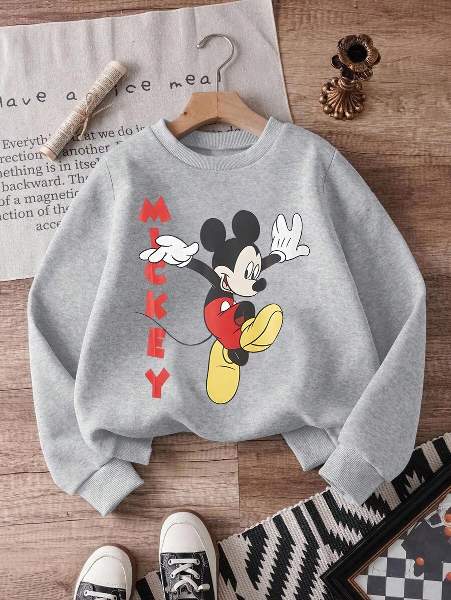 1pc Disney Mickey Mouse Retro Cheerful Pose Print Tween Girls & Boys Vintage Sweatshirt, Skin-Friendly & Easy Care, Perfect For Weekend Outings & Family Trips - Xám - Xem 1