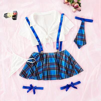 weiweihu Conjunto de uniforme de estilo universitario a cuadros de cuatro piezas para cosplay de Halloween, top halter sin mangas de unicolor, falda a cuadros con cintura elástica con abertura, tanga con cordones, conjunto de ropa interior sexy de uniforme de cosplay para damas, regalo del Día de San Valentín
