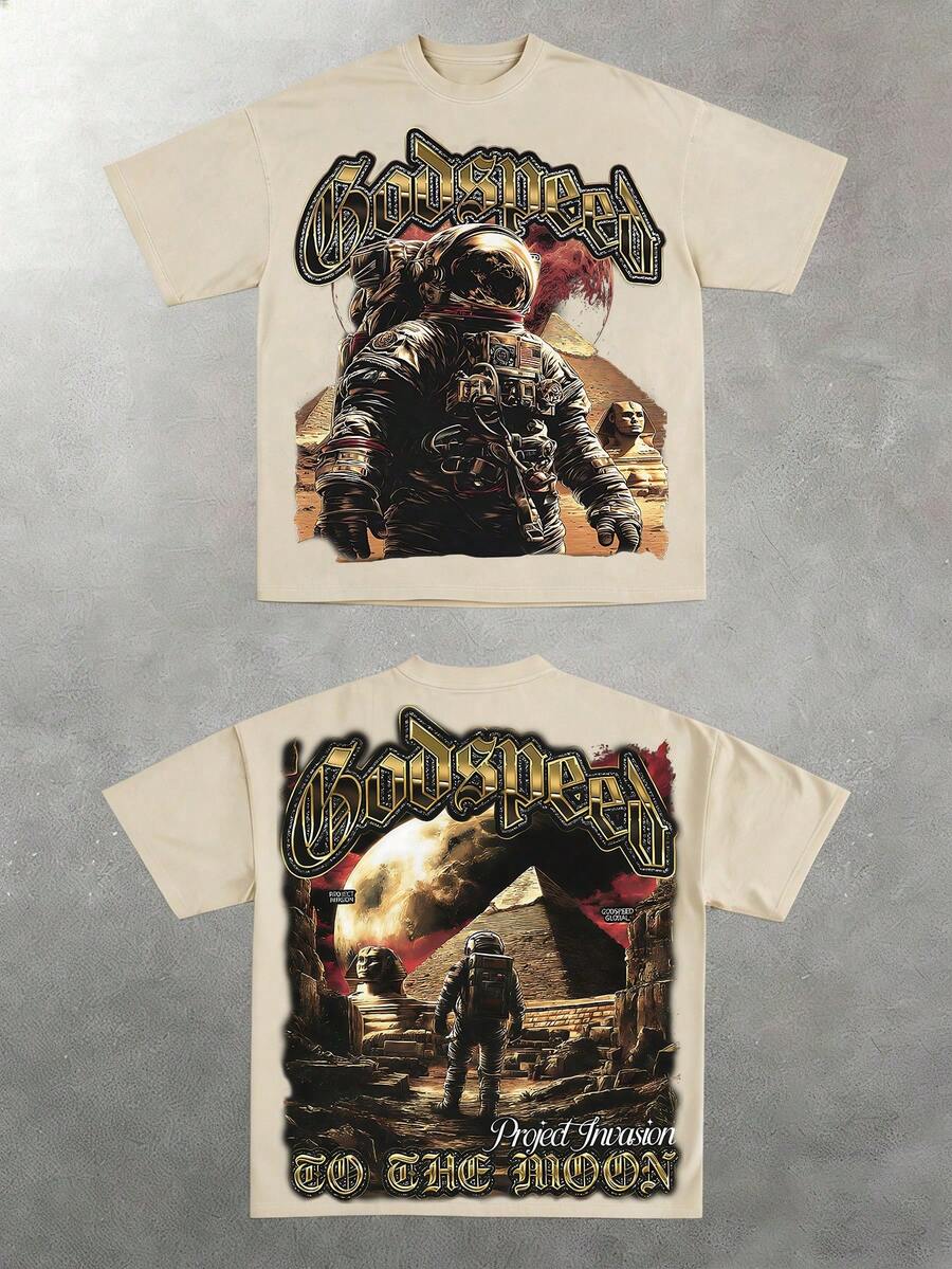 Godspeed To The Moon Astronaut Space Distressed Oversized Graphic Tee Men's Short Sleeve Pure Cotton T-Shirt Loose Fit, Y2K Streetwear Vintage Casual Pyramid Aesthetic Baggy 100% Cotton Pullover Gift - 杏色 - 查看 1