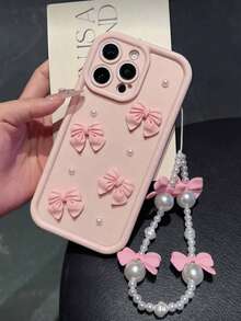 1pc Pink Bow Pearl Lanyard Phone Case, Compatible With IPhone 17/17Air/17Pro/17ProMax/16/15 Pro Max/15 Plus/15 Pro/15/14 Pro Max/14 Plus/14 Pro/14/13 Pro Max/13 Pro/13/12 Pro Max/12 Pro/12 Pro Max/11 Pro/11/XS Max/XR/XS/7/8 Plus, Transparent Shock-Proof Protective Cover - Pink - View 1