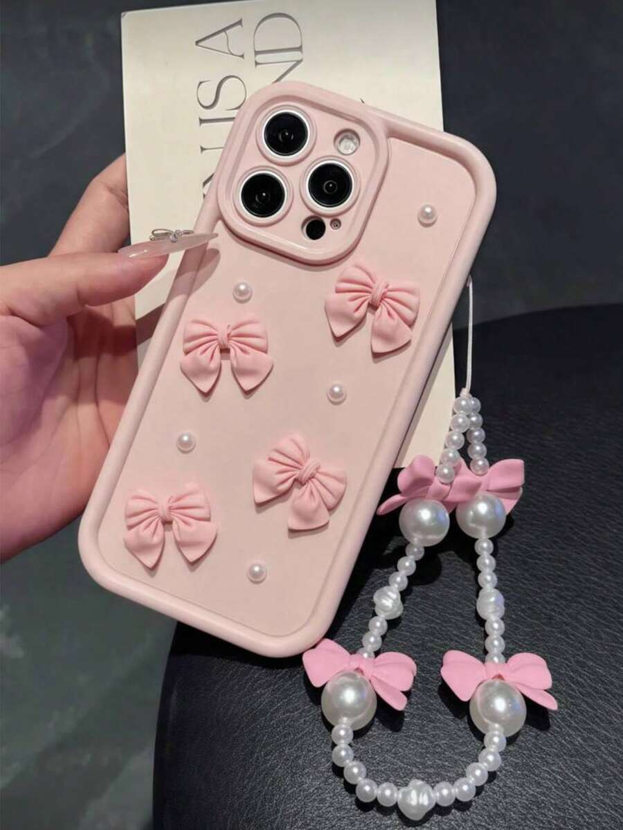 1pc Pink Bow Pearl Lanyard Phone Case, Compatible With IPhone 17/17Air/17Pro/17ProMax/16/15 Pro Max/15 Plus/15 Pro/15/14 Pro Max/14 Plus/14 Pro/14/13 Pro Max/13 Pro/13/12 Pro Max/12 Pro/12 Pro Max/11 Pro/11/XS Max/XR/XS/7/8 Plus, Transparent Shock-Proof Protective Cover - Pink - View 1
