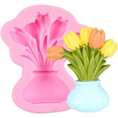 Tulip Flower Silicone Molds Tulip Bouquet Vase Fondant Mold Flower Cake Decorating Cupcake Topper Candy Polymer Clay Chocolate Gum Paste